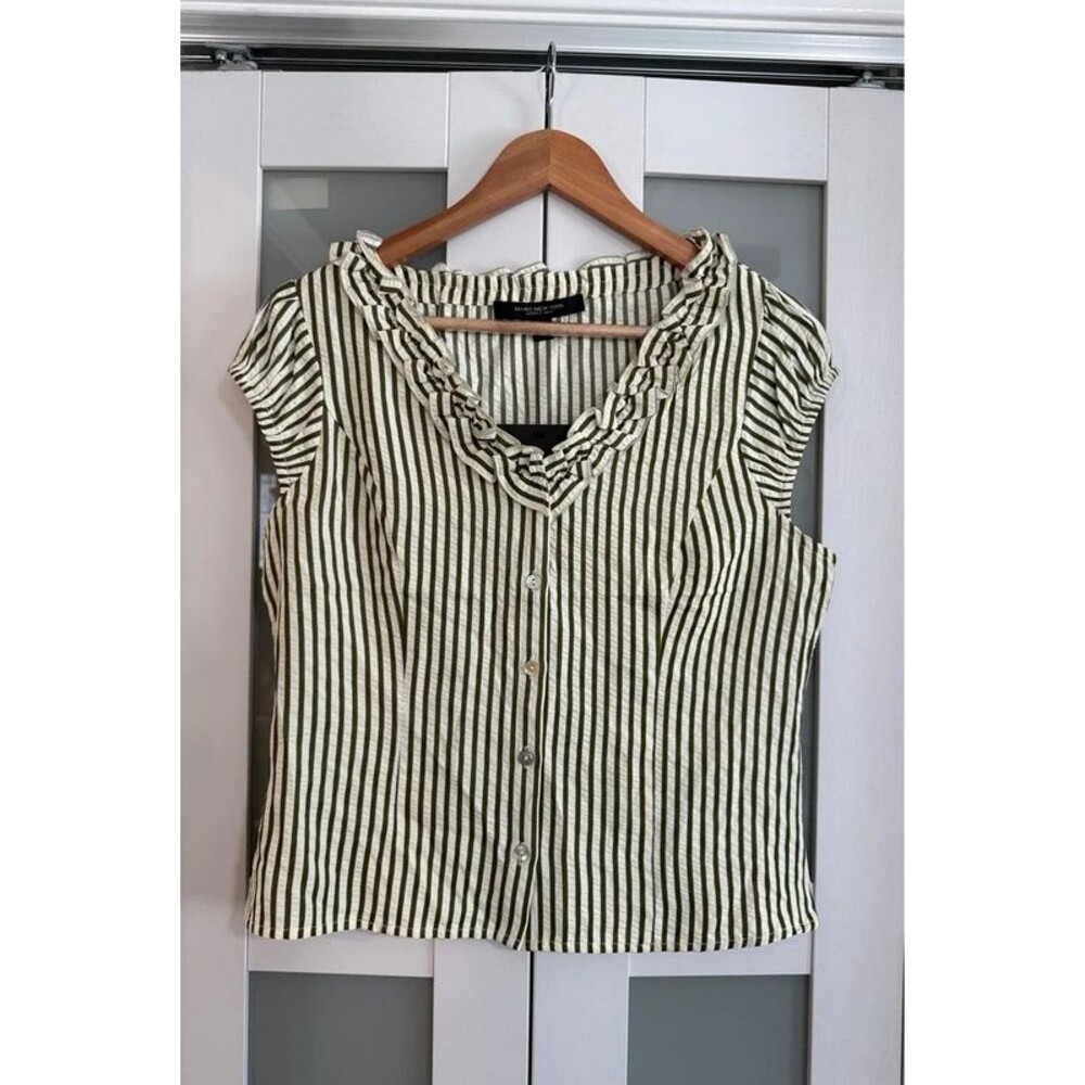 Marc New York Olive Green White Striped Ruffle Neck Button Front Blouse NWT S